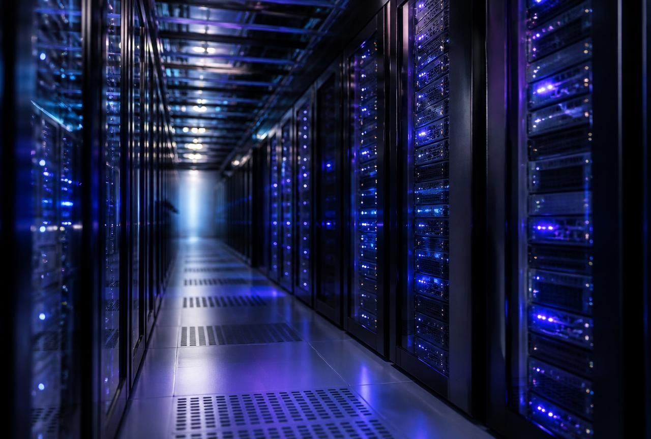 Corredor de data center com racks de servidores em operação